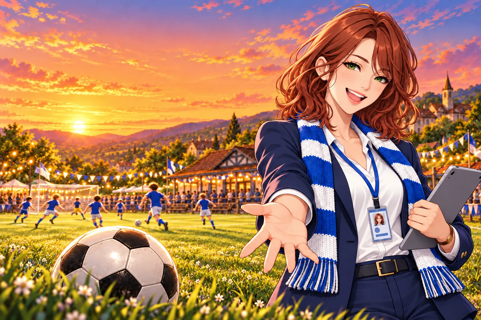 Mia, the club's young manager, holding out her hand in front of the village football ground at sunset