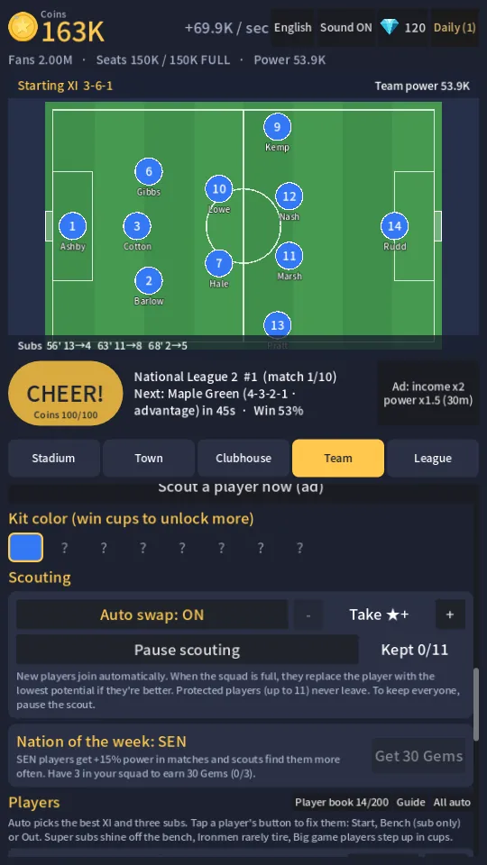 The team screen with formation and nation of the week